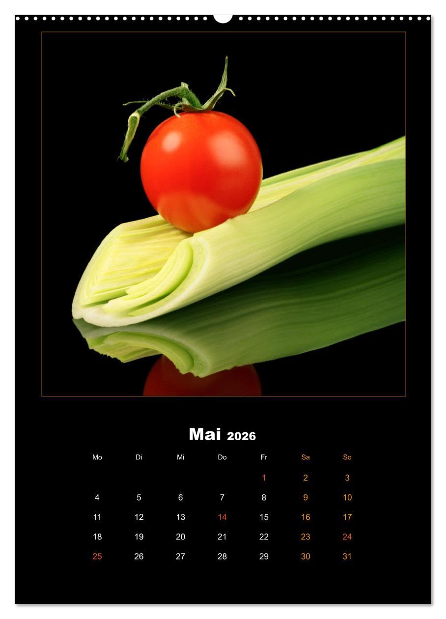 Vegan Food Kalender – Obst und Gemüse auf Schwarz (Wandkalender 2026 DIN A2 hoch), CALVENDO Monatskalender: Dekorativer Kalender für die Küche auf Schwarz. (CALVENDO Lifestyle)
