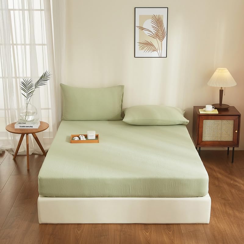 Gezu Muslin Fitted Sheet 140 x 200 cm Green 100% Cotton Made of Breathable Material Temperature Regulating Double Muslin Bed Sheet 140 x 200 cm for High Mattresses up to 15-30 cm - Image 2