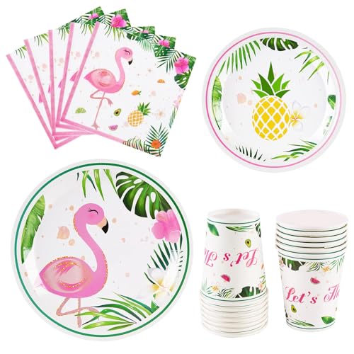WERNNSAI Flamingo Party Deko – 64 PCS Flamingo Geburtstags Dekorationen Rosa Tropische Somer Servietten Teller Becher Geschirr Set Geburtstagsparty Poolparty Dekorationen 16 Gäste