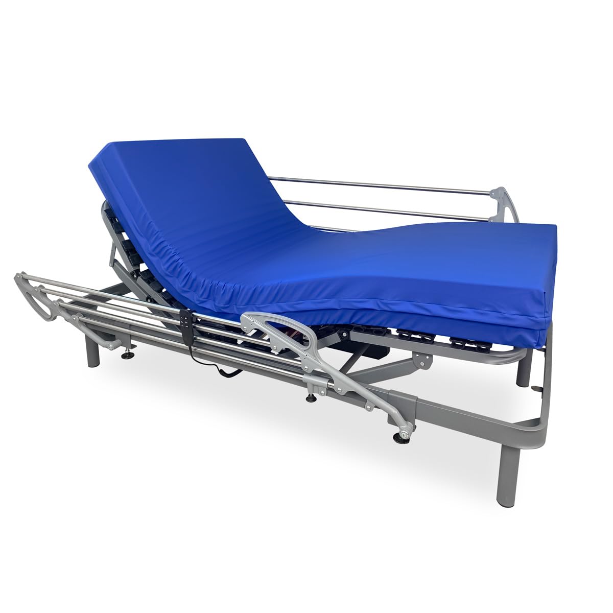 DUÉRMETE ONLINE - Pack Cama Eléctrica Articulada Reforzada Ergomedic Pro + Colchón Sanitario Sanipur + Barandillas INOX, 90x190
