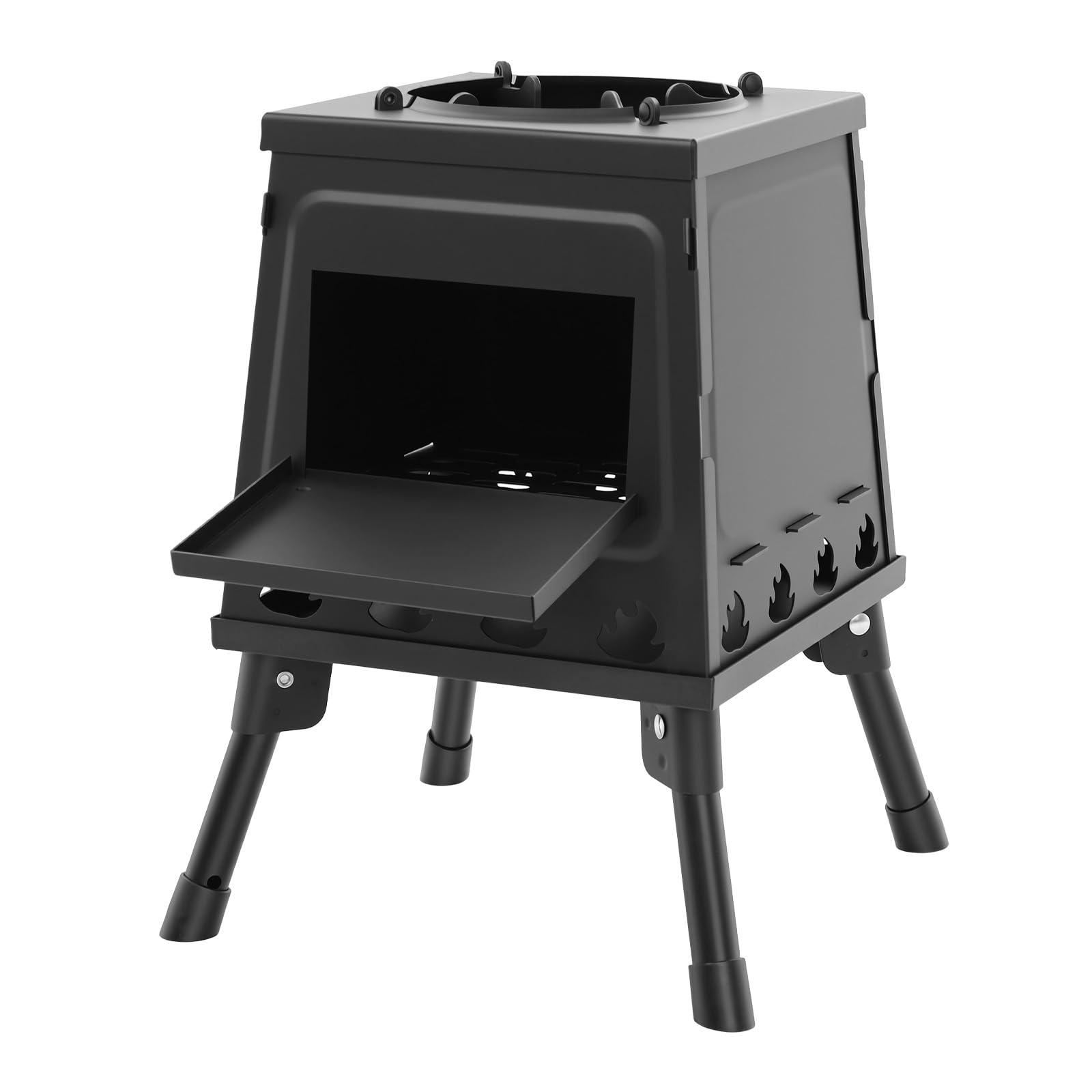 Stufa da tenda in acciaio con 16 fori di ventilazione, stufa a legna portatile design pieghevole, riscaldamento per tenda antivento, dimensioni compatte, stufa per esterni per combustione a legna, set
