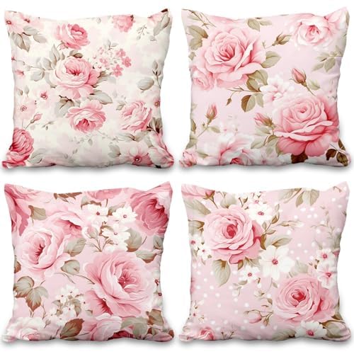 Vie Savaran Floral Pillow Covers Pink Rose Flower Green Leaves Peony Set of 4 Watercolor Blooming Plant Cushion