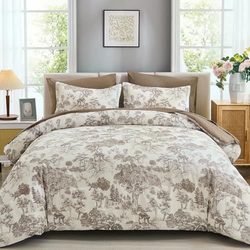 Image of DJY King Size 7 Piece Bed in a Bag-Floral Botanical Light Brown Comforter Set,King Comforter Set with Sheets,Farmhouse Comforter