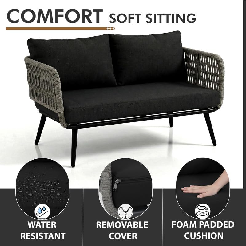 Image of OUTLIVING Outdoor Sofa Set || Balcony Sofa || Patio Furniture Sets | Conversation Sets | Braid & Rope Garden Seater Sofa Set and Center Table (4 Seater Black-Grey)