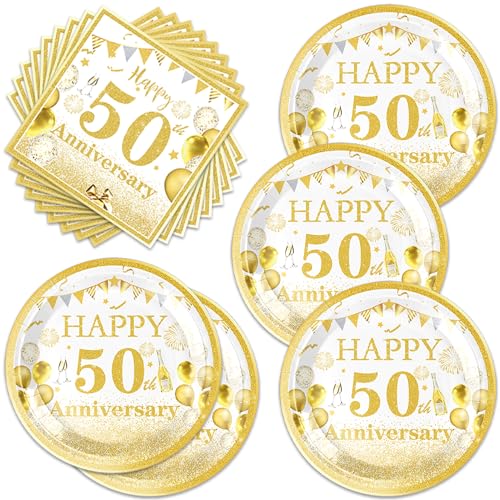 40pcs 50 anniversary birthday Party Supplies include 20 dessert plate 20 Napkin Used for 50 White Gold anniversary birthday Party Decoration