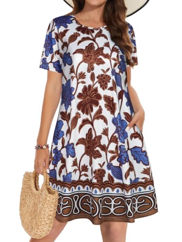 Image of Summer Dresses for Women Casual Tshirt Dress Beach Sundress with Pockets | Two Hidden Pockets, Short Sleeve Boho Dress, Scoop Neck Floral Dress, Flowy A-Line, Hawaiian Vacation Beach Cover Up 2026