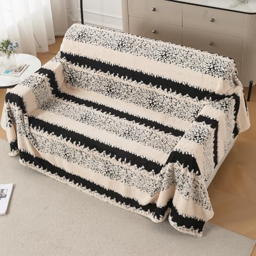 Image of HOKIPO Soft Plush Sofa Throw Cover for 2 Seater Sofa - Luxury All-Season Sofa Cover, 'Noirea Series' Textured Stripe (180x250 cm) (AR-6652-D2)