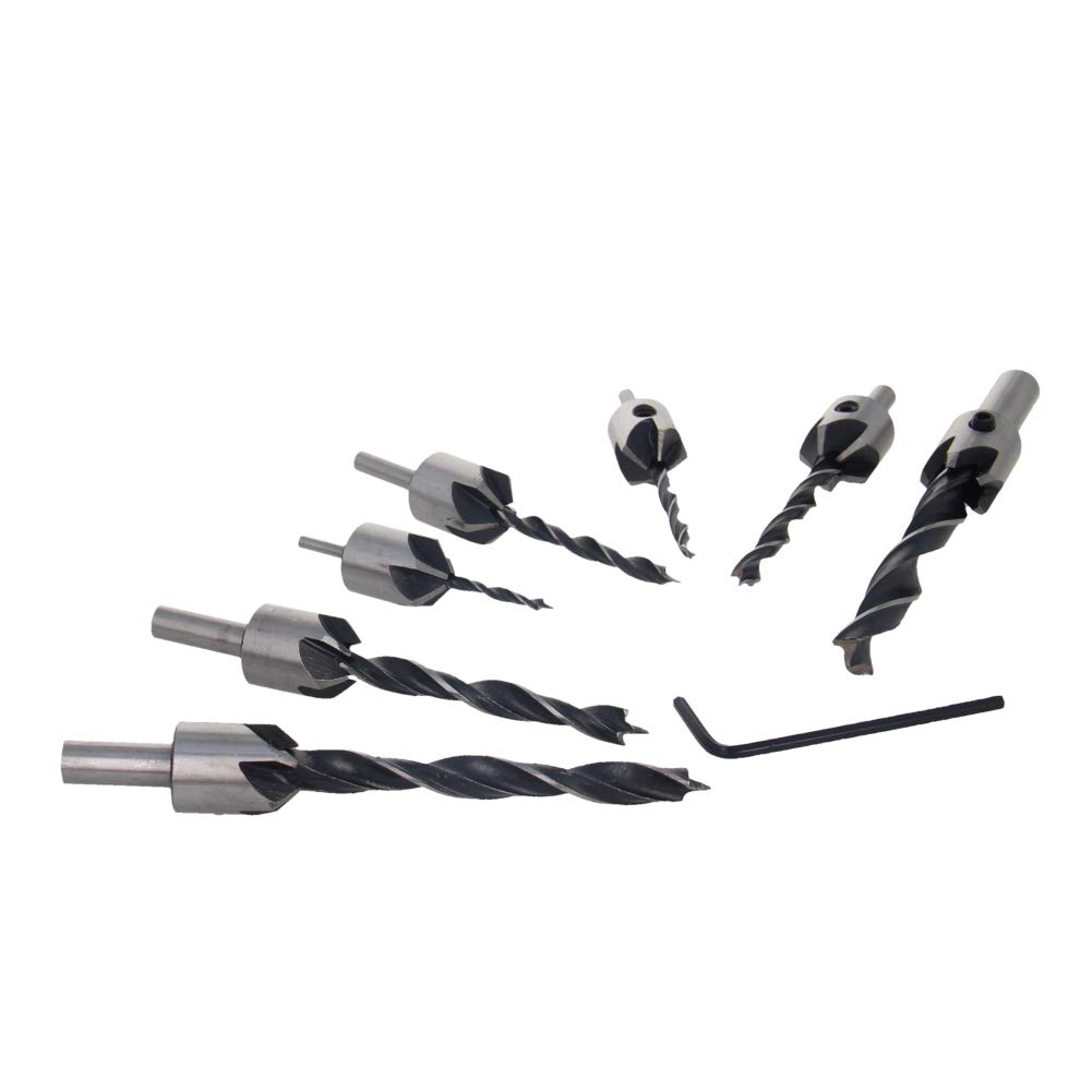 Utoolmart 7 in 1 Countersink Drill Bit Set, 3mm 4mm 5mm 6mm 7mm 8mm 10mm Quick Change Drill Bit with One Hex Key, Adjustable Carpentry Reamer Plated for Wood DIY, HSS