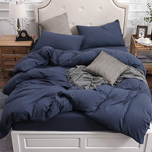 PURE ERA Jersey Knit Duvet Cover Set 100% T-Shirt Cotton Super Soft Comfy 3pc Bedding Set with Zipper Closure (Heather Navy Blue, Queen)