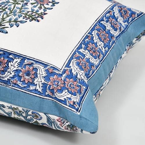 Image of BLOCKS OF INDIA Hand Block Printed Cotton Linen Cushion Cover (16 x 16 inches) (Blue VASS)