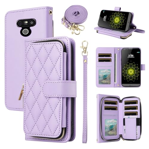 Furiet Argyle Wallet Case for LG G5 with Wrist Strap Shoulder Strap, 9+ Card Slots Flip Zipper Purse Luxury PU Leather Stand Checkered Cell Phone Cover for LGG5 SE LG5 G 5 5G Women Girls Purple