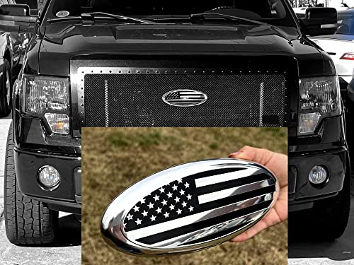 9 Inch Front Grille American Flag Emblem For Ford, 9"X3.5" Oval Decal Badge Nameplate For F150, F250, F350, Edge, Explorer, Range (9", Chrome And Black) #TOP5
