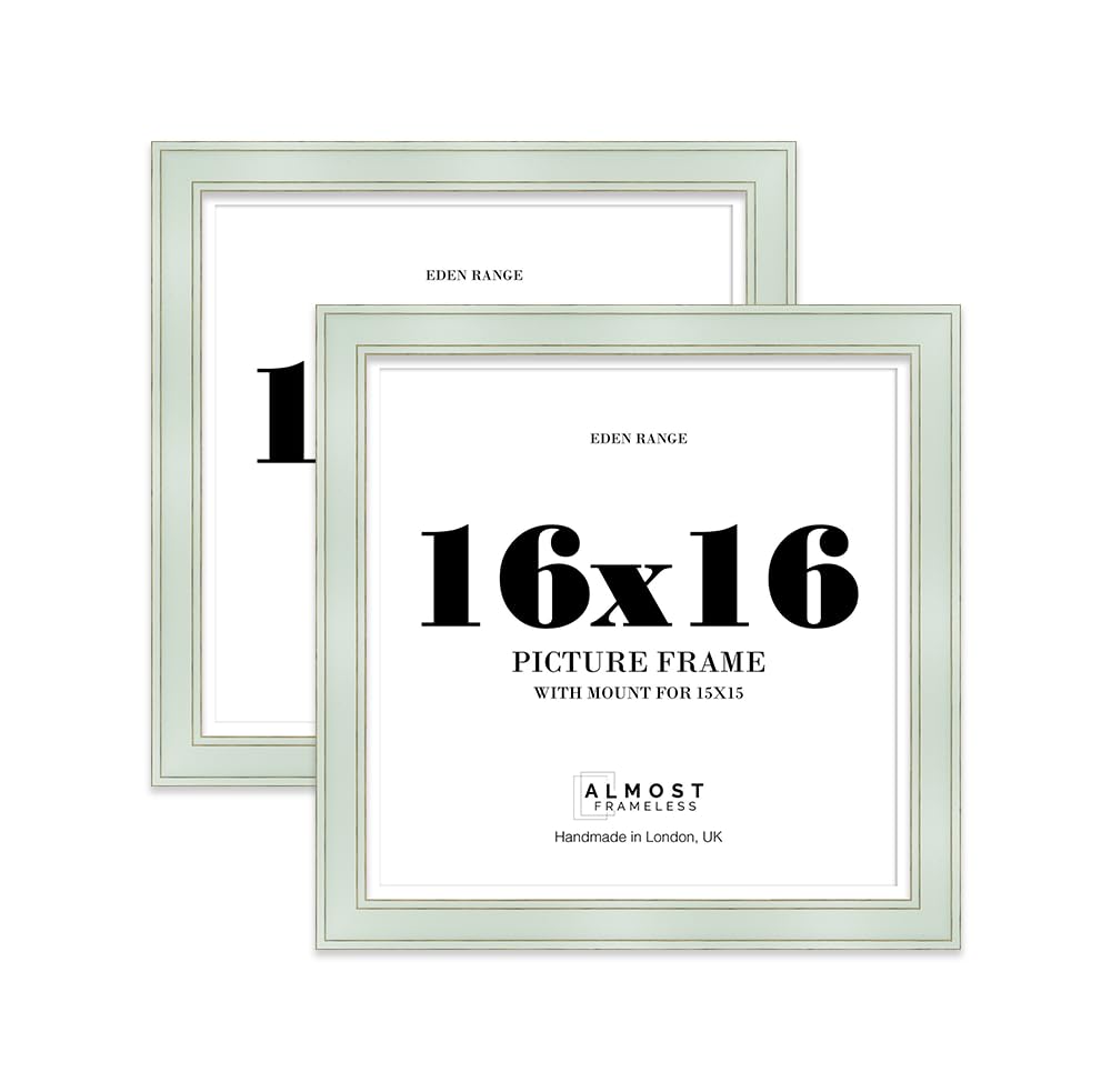 16x16" Sage Green Square Picture Frame with 15x15" Mount - Shabby Chic Photo Frame with Distressed Finish, Gold Trim, Wall Hooks, 37mm Edge - 2 Pack โ image 1