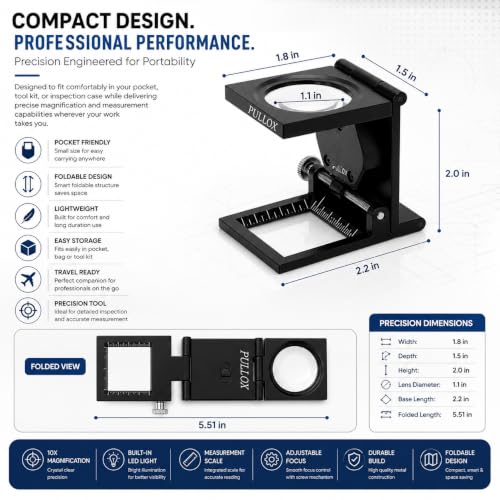 Image of Pullox Foldable Magnifiers 10X Folding Magnifying Loupe Zinc Alloy /LED Lights /Magnifier Lens with /Scale /for Jewelry Tool Repair Collection