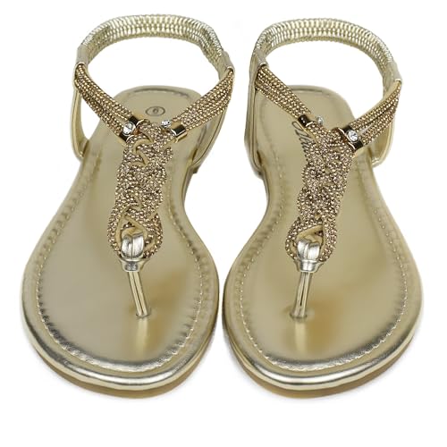 Heltid Women's Braided Rhinestone Thong Flat Sandals Elastic Ankle Strap Bohemian Dressy Sandals for Women, Gold, 8