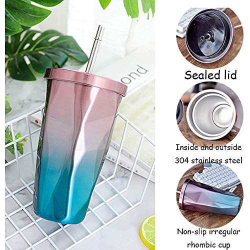 Taza de café con pajita de acero inoxidable aislada al vacío para oficina, 473 ml Rosa y azul. - Imagen 4