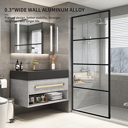 Shower Door Single Panel H-Type, Framed Tempered Glass Shower Door 34W*76L Inch For Walk-In Bathroom, 5/16” (8Mm) Thick Clear Transparent Glass Bathtub Shower Door Matte Black Finish #TOP1
