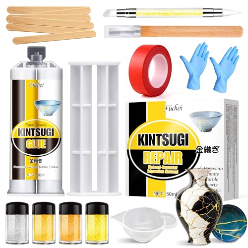 Kintsugi Repair Kit Japanese Kintsugi Craft with 50ml Food-Grade Ceramic Glue 4 Colours Gold/Silver/Mica Powder for Fixing Broken Ceramics Porcelain Jade & Glass Perfect DIY Kit for Beginners