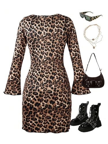 Floerns Girl's Cute Leopard Print Long Sleeve A Line Dress Bowknot Flare Hem Dress2