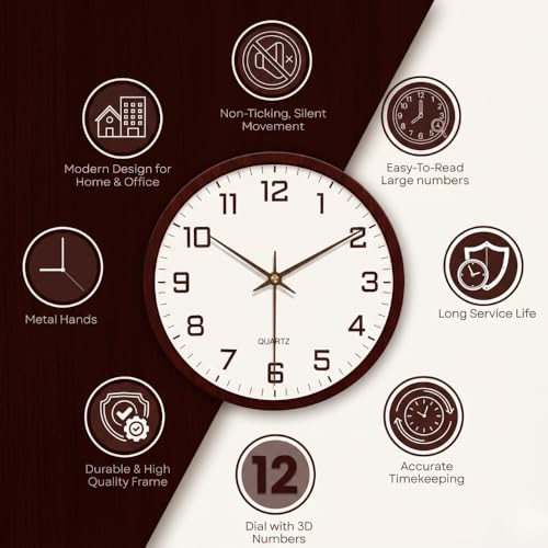 Image of STAR WORK Silent Non-Ticking Wall Clock 12 inch Inch Analog Clock & LCD Display | Calendar Date, Day, Temperature, Operated Decorative Clock for Living Room, Kitchen, Bedroom,Office (White Brown)