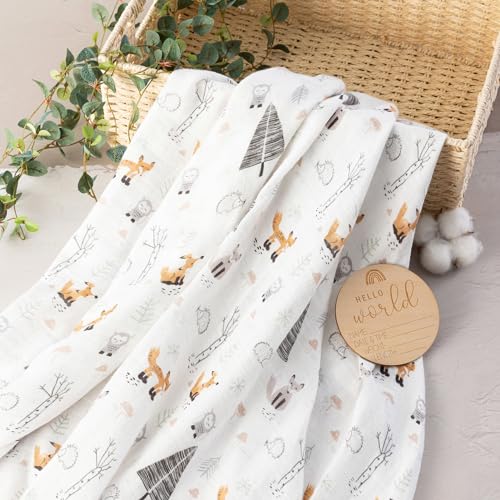 Image of BabyWhale Muslin Swaddle Blanket with Hat and Headband Bow, Animals Print Swaddle Set for Baby Boys ＆ Girls, Newborn Soft Receiving Blanket Wrap, Owls, Foxes, Hedgehogs Pattern, 47x47 inches