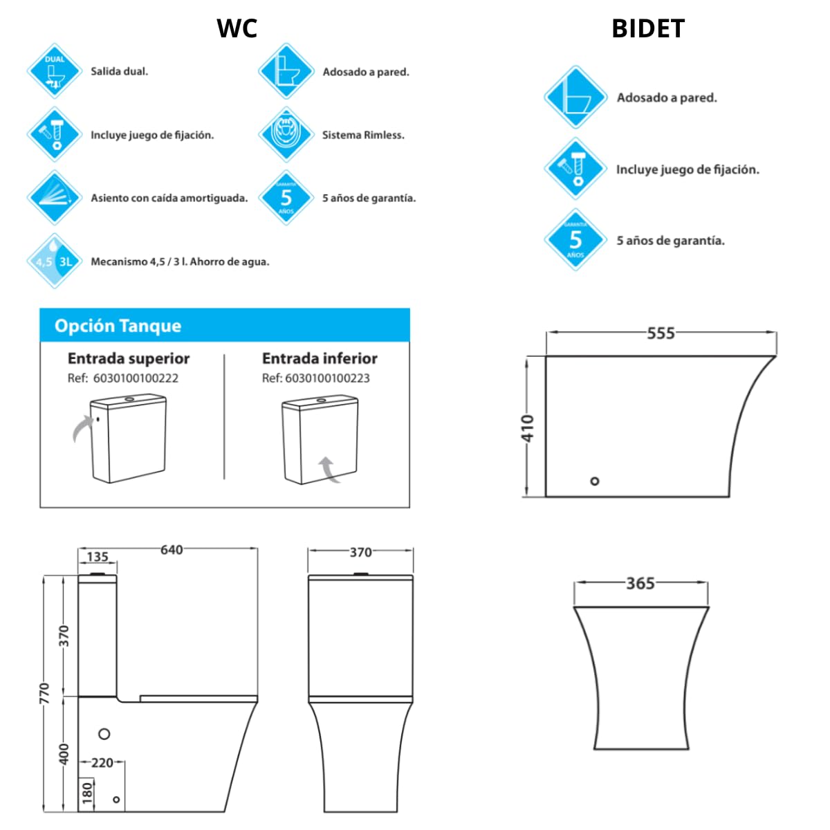 Wc Inodoro Completo Compacto Adosado a Pared Cuadrado con Sistema Rimless | Wc Completo con Salida Dual y Asiento Amortiguado + Bide