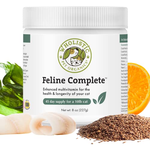 Wholistic Pet Organics Feline Complete: Cat Multivitamins Powder - 8 oz - Cat Probiotics for Indoor Cats - Immune Support Supplement for Cats - Essential Vitamins and Supplement for Cats Skin & Coat