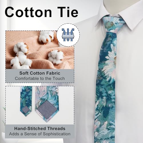 Image of Luckyvestir Mens Ties, Sage /Dusty Blue /Pink Floral Ties for Men, 2.76 inch Cotton Flower Necktie for Wedding /Groomsmen /Party