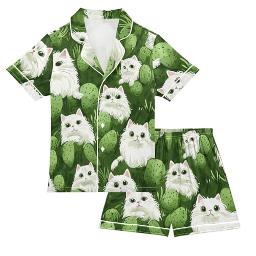 Girls Boys Summer Pajamas Satin Silky Button-Down Short Sleeve 2 Pieces PJ Sets for Kids 5-14Y Nightwear