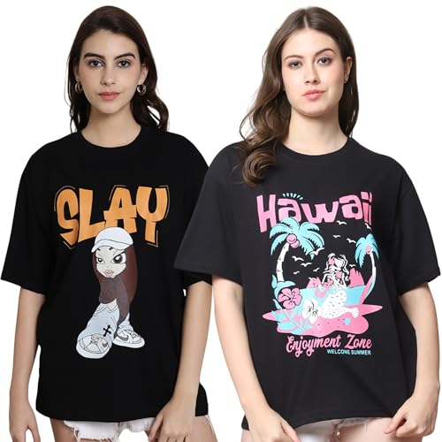 Image of Style Go Pure Cotton Oversized Baggy Fit Drop Shoulder Aesthetic & Cool Graphic Printed Half Sleeve Tshirt for Women || Trendy Tees || Casual Loose Korean T-Shirt (Pack 2)
