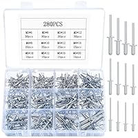 280 Stück Aluminium-Blindnieten Set, M3 M4 M5 Popnieten Sortiment Set, Aluminium Blindnieten mit flansch Pop-Nieten, Alu Nieten für Metall Holz Kunststoff, 12 Größen, Silber
