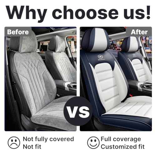 Image of Front Set Car Seat Covers for Jeep Compass 2007-2026, Waterproof Stain-Resistant Seat Cover, Premium Nappa Leather Seat Protectors with Storage Pockets(Standard 2 Seats /Blue&White)