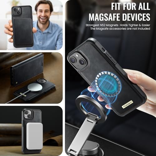 Image of Wallet Case for iPhone 13 Compatible with Magsafe, 2-in-1 PU Leather Flip RFID Blocking Card Holder Stand Shockproof Magnetic Detachable Cover for iPhone 13 Case 6.1 inch, Black