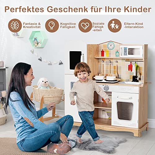 GOPLUS Kinderküche aus Holz, Küche für Kinder, Spielküche mit Holz Zubehör&Spüle&Backofen&Kochfeld&Kühlschrank… – Bild 7
