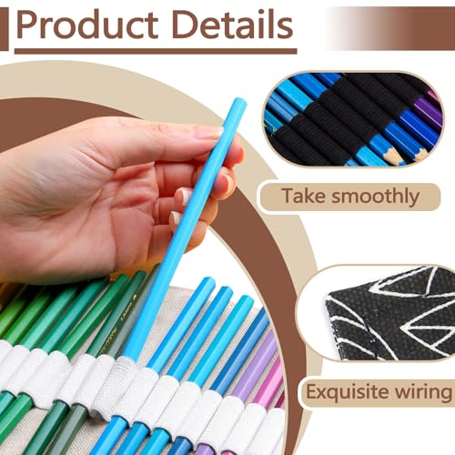 Image of Yitexin 72 Slots Canvas Pencil Roll Wrap, Handmade Roll-Up Pencil Case Pouch Fabric, Large Capacity Pencil Case Holder Organizer for Artists Painting, Sketchers (Black & Leaf)