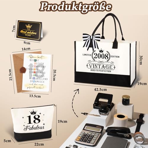 Giftota 18. Geburtstag Geschenk Mädchen – Vintage 2008 Canvas Einkaufstasche Tragetasche & Kosmetiktasche Set mit Grußkarte… – Ansicht 4