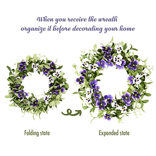 Ynylchmx 18" Spring Door Wreath With Purple Pansy Flowers & Green Eucalyptus Leaves, Artificial Floral Wreath Green Foliage Wreath For Wall Window Farmhouse Party Holiday Home Decor #TOP5