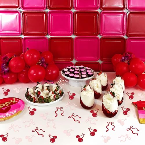 Image of 200Pcs Double-sided Pink Bows & Red Cherry Confetti Cherry Fruit Table Confetti Bow Table Decorations for Baby Shower Girls Birthday Engagement Bachelorette Party Decoration Party Confetti Supplies