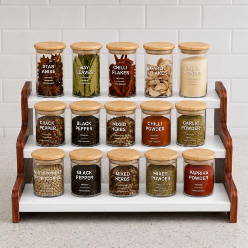 Image of FireBees Kitchen Organizer Rack | 3 Tier Wooden Kitchen Shelf Organisers & Shelf Riser for Counter Top | Wooden Kitchen Storage Stand | Rack for Spice Bottles, Jars, Seasonings (WHITE ORANGE)
