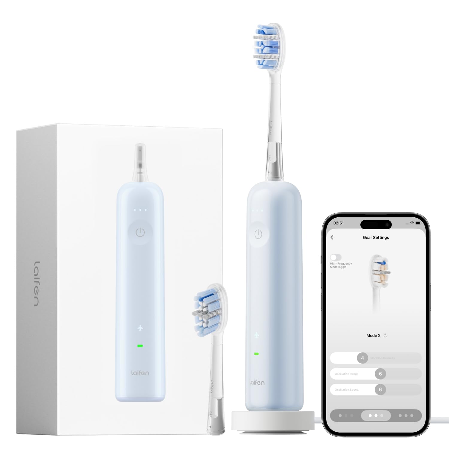 Laifen Wave Pro Elektrische Zahnbürste, 60° WaveMotion, 66.000 Vpm, Blau | 13x Plaque-Entfernung, 70 Tage Akku, smarter Drucksensor, App-Steuerung, 2 Modi mit 3 Stufen, IPX8, 2 Pro-Bürstenköpfe
