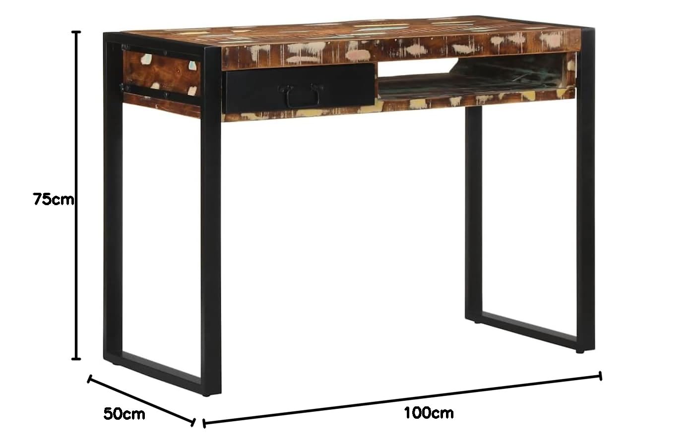 Scrivania 100 x 50 x 75 cm, in legno massiccio riciclato, effetto legno vecchio, gambe in metallo, robusto tavolo per computer per casa, ufficio, gioco, studio e soggiorno