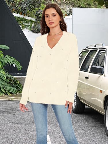 Women’s Oversized V-Neck Sweaters Long Sleeve Fuzzy Knit Warm 2025 Pullover Sweater Top2