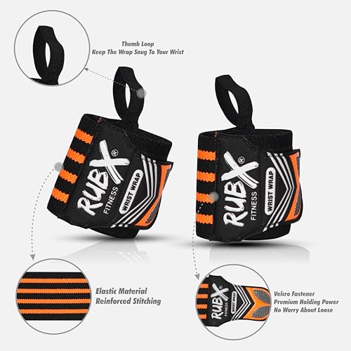 Image of RUBX Premium Wrist Wraps for Gym Workout - Adjustable Wrist Support Straps for Weightlifting, CrossFit, Powerlifting, Training - Men & Women Gym Accessories with Thumb Loop (Orange)
