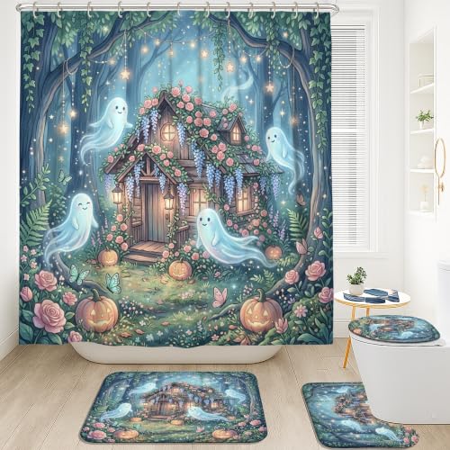 Rideau de douche lavable motif fantôme rose et vert 183cm - 3