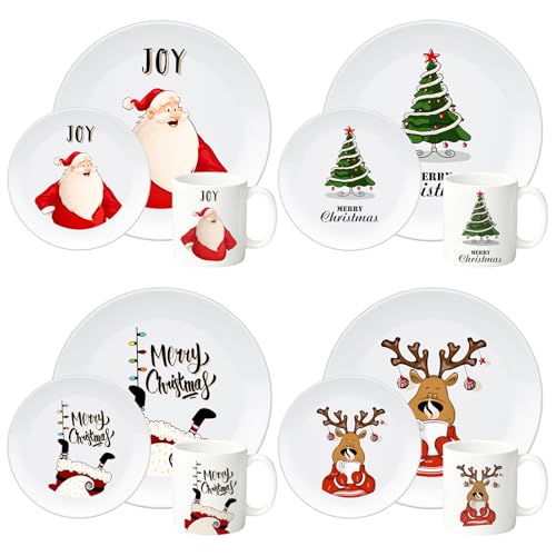 12 Piece Christmas Melamine Dinnerware Set for 4 Guest, 10" Dinner Plates, 8" Salad Plates, 9 oz Mug Shatterproof Xmas Dishes Gift for Home Party Festive Holiday Celebrations