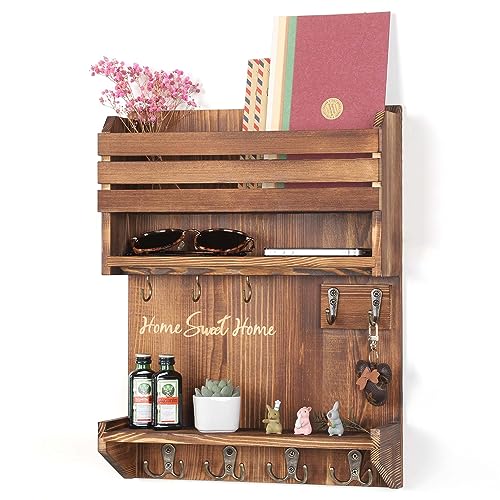 Innovationsnyckelhållare för vägg, väggmonterad brevorganisatör, nyckel och brevhållare för vägg med 9 nyckelkrokar, nyckelställ för heminredning, furu trä vintage brun plus