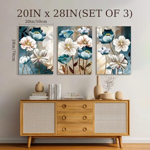 SERIMINO Large Canvas Wall Art for Living Room, Blue Floral Pictures Wall Decor for Dining Room Bedroom Bathroom Kitchen 3 Pieces Lotus Flower Print Painting for Home Decorations 20"X28"