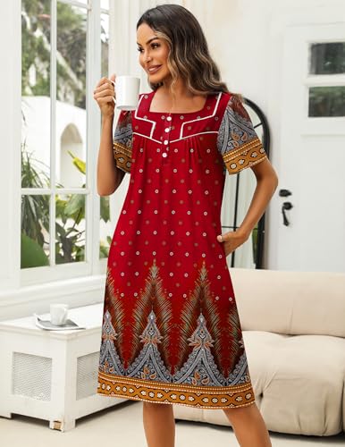 Image of Ekouaer Women's House Dress with Pocket Button Mumus | Short Sleeve Nightgown, Floral Print Mumu Dresses, Square Casual Sleepwear, Boho Roomy Housecoat, Plus Size Soft Sleepwear