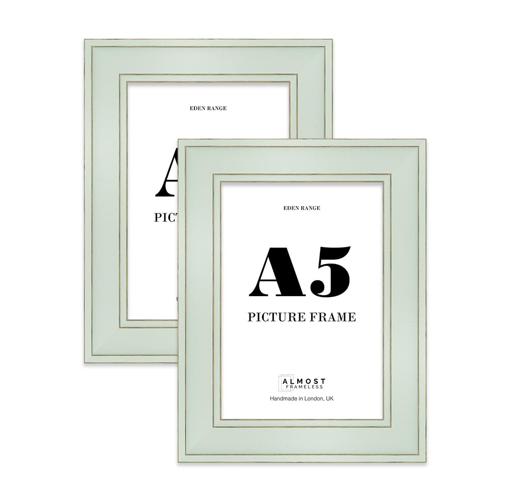 A5 Sage Green Picture Frame - Shabby Chic Photo Frame with Distressed Finish, Gold Trim, Wall Hooks and Kickstand, 37mm Edge - 2 Pack