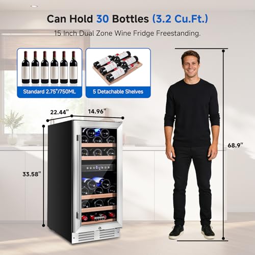 Image of BODEGA 15 Inch Wine Fridge, 30 Bottle Dual Zone Wine Cooler, 41-72℉ Compressor Wine Refrigerator with Tempered Glass Door, Built-in or Freestanding Wine Cooler for Home Kitchen Bar (3.2 cu.ft).